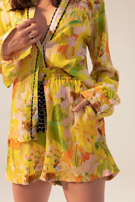 Shop Reena Sharma Yellow Cotton Collared Ahana Floral Print Shirt And Shorts Set Online at Aza Fashions Shop_Reena Sharma_Yellow Cotton Collared Ahana Floral Print Shirt And Shorts Set _Online_at_Aza_Fashions