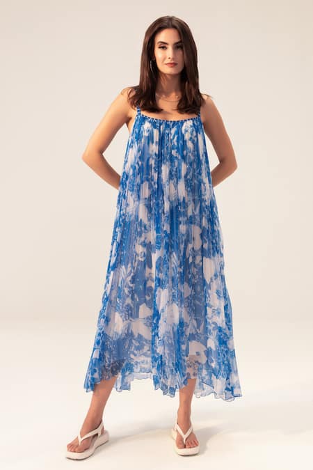 Reena Sharma Blue Bamboo Embroidery Square Neck Azure Cami Floral Print Dress