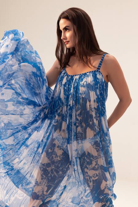 Shop_Reena Sharma_Blue Bamboo Embroidery Square Neck Azure Cami Floral Print Dress _Online_at_Aza_Fashions