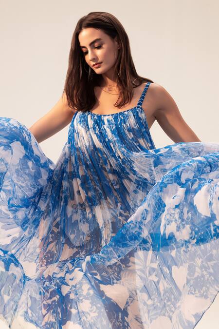 Reena Sharma_Blue Bamboo Embroidery Square Neck Azure Cami Floral Print Dress _at_Aza_Fashions
