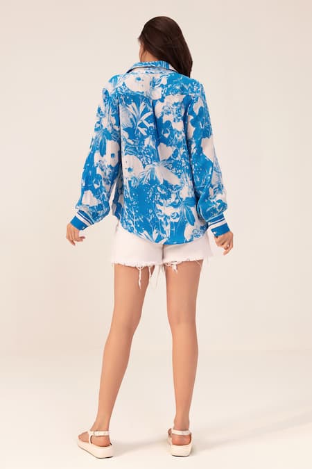 Shop Reena Sharma Blue Cotton Collared Azure Botanical Print Shirt at Aza Fashions Shop_Reena Sharma_Blue Cotton Collared Azure Botanical Print Shirt _at_Aza_Fashions
