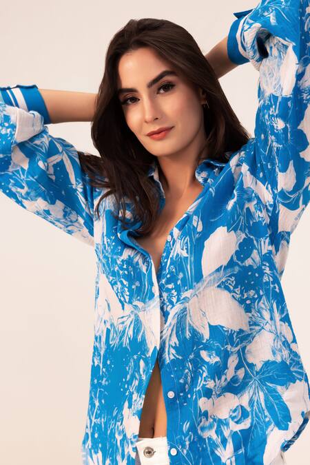 Buy Reena Sharma Blue Cotton Collared Azure Botanical Print Shirt Online at Aza Fashions Buy_Reena Sharma_Blue Cotton Collared Azure Botanical Print Shirt _Online_at_Aza_Fashions