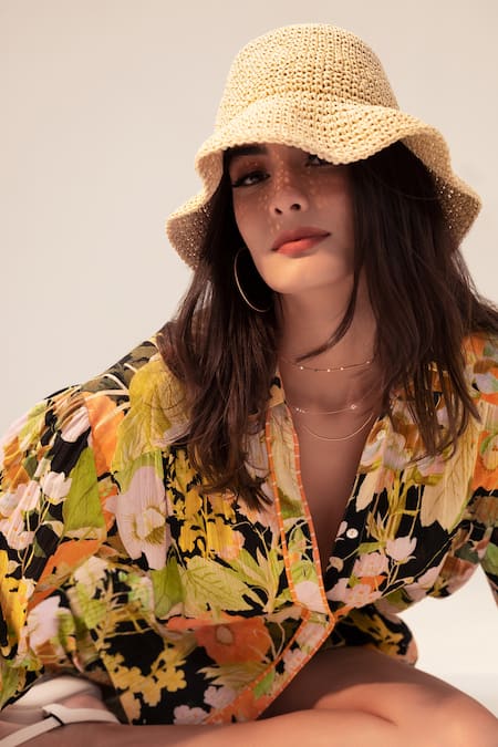 Buy_Reena Sharma_Black Cotton Beads Collared Camellia Flower Print Shirt And Shorts Set _Online_at_Aza_Fashions