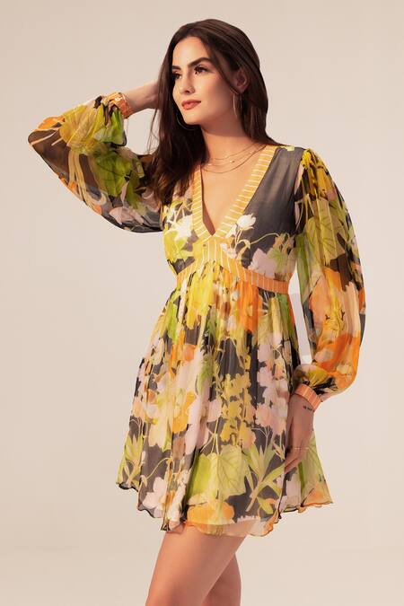 Reena Sharma_Black Bamboo Plunge Neck Camellia Garden Print Short Dress _Online_at_Aza_Fashions