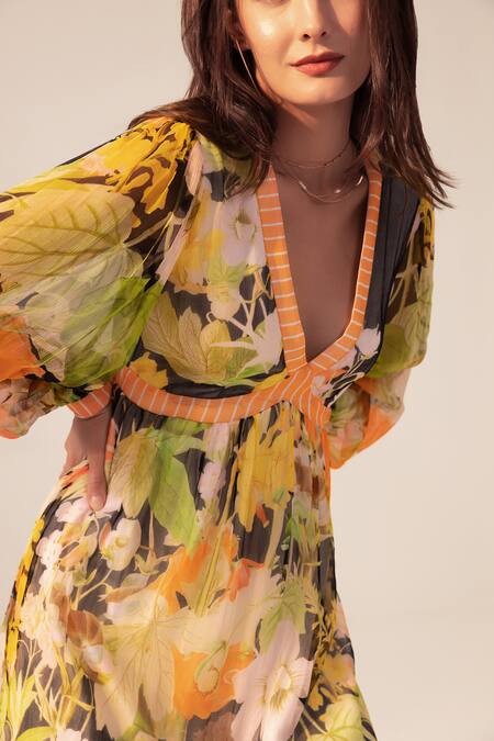 Buy_Reena Sharma_Black Bamboo Plunge Neck Camellia Garden Print Short Dress _Online_at_Aza_Fashions