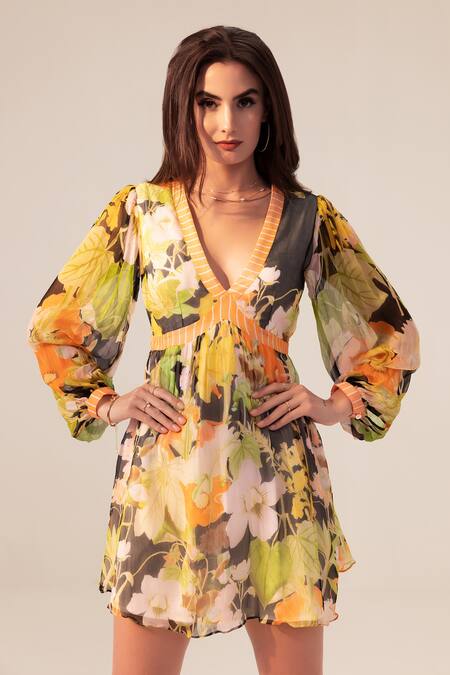 Shop_Reena Sharma_Black Bamboo Plunge Neck Camellia Garden Print Short Dress _Online_at_Aza_Fashions