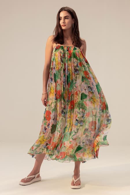 Reena Sharma Multi Color Bamboo Square Neck Eden Cami Botanical Print Dress