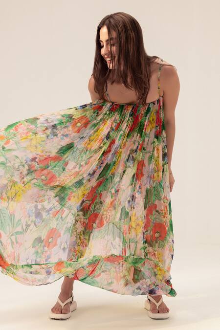 Reena Sharma_Multi Color Bamboo Square Neck Eden Cami Botanical Print Dress _Online_at_Aza_Fashions