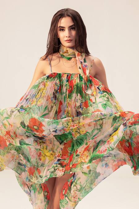 Shop_Reena Sharma_Multi Color Bamboo Square Neck Eden Cami Botanical Print Dress _Online_at_Aza_Fashions