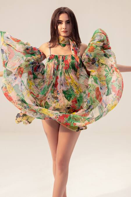 Reena Sharma_Multi Color Bamboo Square Neck Eden Cami Botanical Print Dress _at_Aza_Fashions