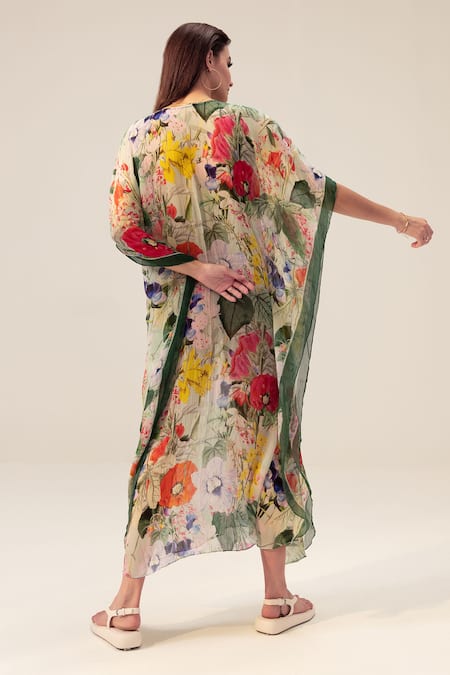 Shop Reena Sharma Multi Color Georgette V-neck Multicolor Botanical Print Kaftan at Aza Fashions Shop_Reena Sharma_Multi Color Georgette V-neck Multicolor Botanical Print Kaftan _at_Aza_Fashions