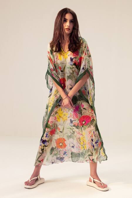 Reena Sharma Multi Color Georgette V-neck Multicolor Botanical Print Kaftan Online at Aza Fashions Reena Sharma_Multi Color Georgette V-neck Multicolor Botanical Print Kaftan _Online_at_Aza_Fashions