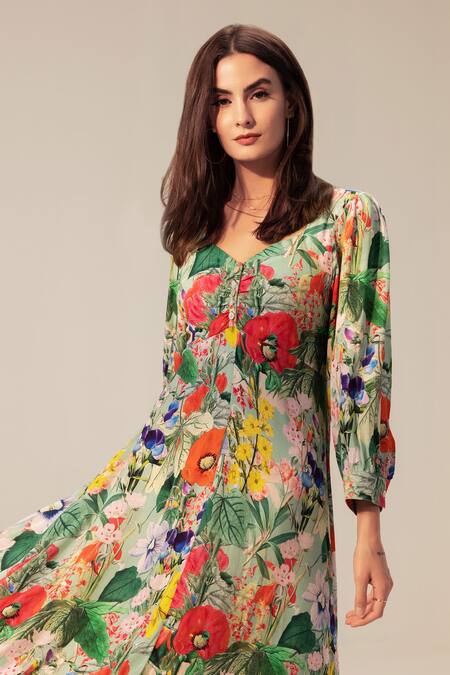 Reena Sharma_Green Viscose V-neck Eden Flower Print Midi Dress _Online_at_Aza_Fashions