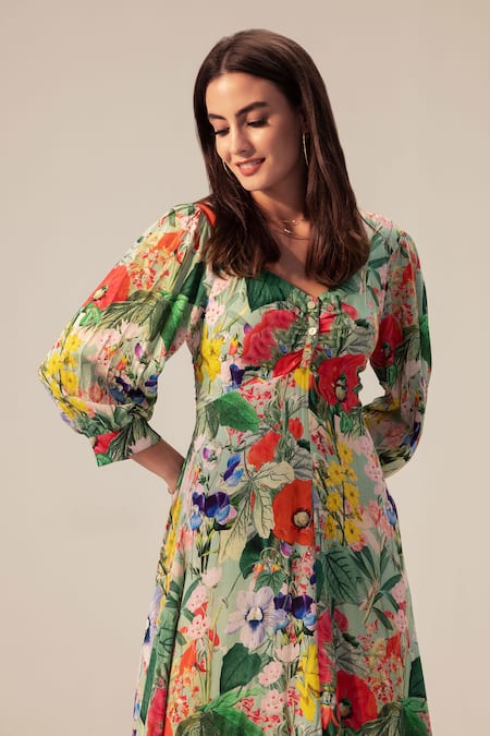 Buy_Reena Sharma_Green Viscose V-neck Eden Flower Print Midi Dress _Online_at_Aza_Fashions