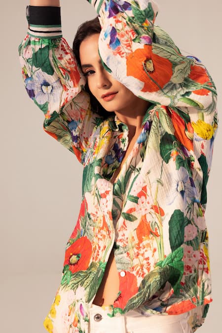 Buy_Reena Sharma_Multi Color Cotton Beads Collared Eden Floral Print Shirt _Online_at_Aza_Fashions