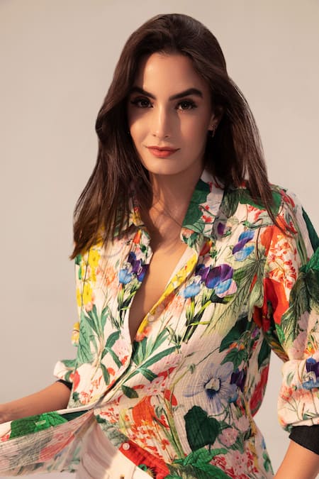 Shop_Reena Sharma_Multi Color Cotton Beads Collared Eden Floral Print Shirt _Online_at_Aza_Fashions
