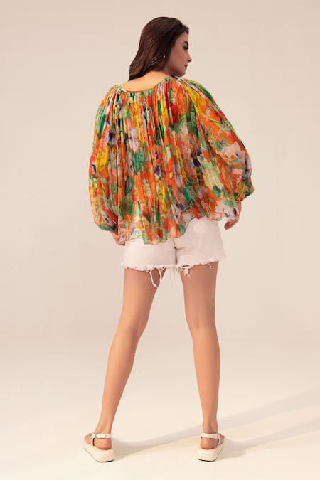 Shop_Reena Sharma_Orange Bamboo Sweetheart Neck Eden Botanical Print Top _at_Aza_Fashions