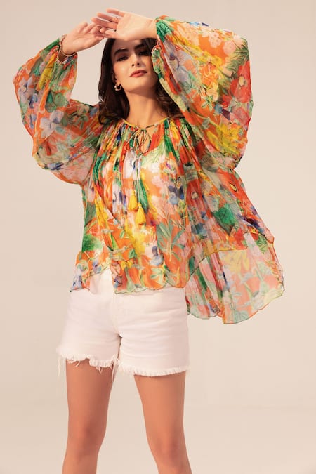 Reena Sharma_Orange Bamboo Sweetheart Neck Eden Botanical Print Top _Online_at_Aza_Fashions