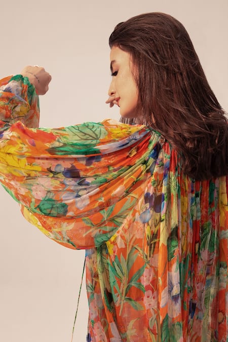 Shop_Reena Sharma_Orange Bamboo Sweetheart Neck Eden Botanical Print Top _Online_at_Aza_Fashions