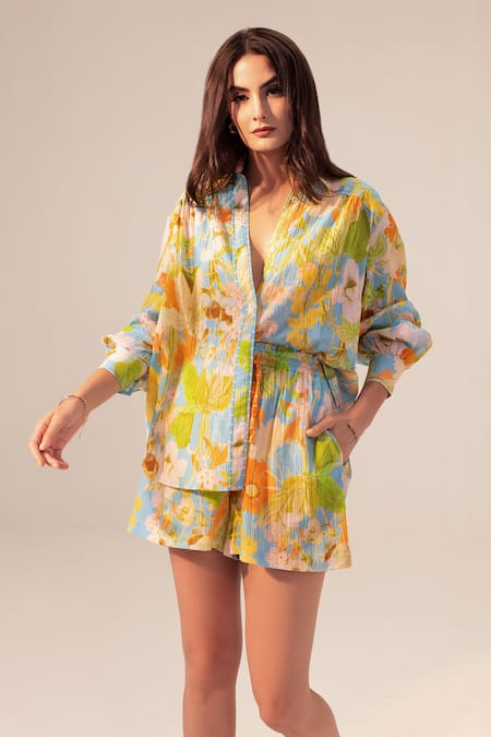 REENA SHARMA Iris Botanical Print Shirt & Shorts Set 