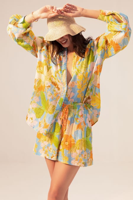 Buy_Reena Sharma_Blue Cotton Embroidery Collared Iris Botanical Print Shirt And Shorts Set _Online_at_Aza_Fashions