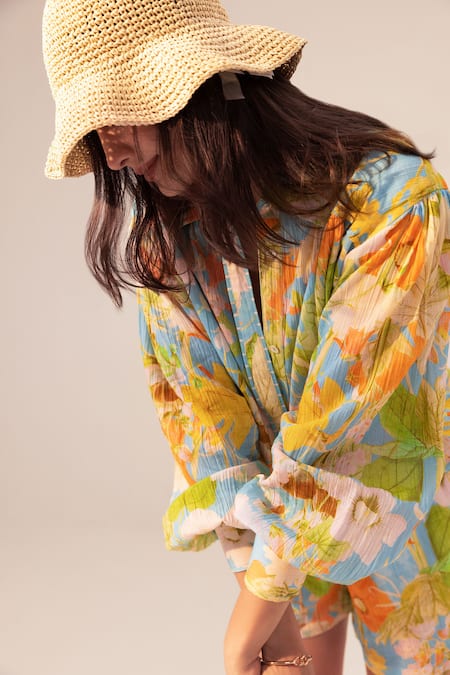 Shop_Reena Sharma_Blue Cotton Embroidery Collared Iris Botanical Print Shirt And Shorts Set _Online_at_Aza_Fashions