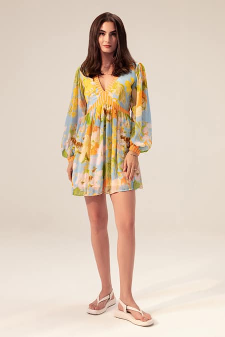 Reena Sharma Blue Georgette V-neck Iris Botanical Print Short Dress