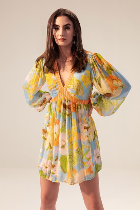 Reena Sharma_Blue Georgette V-neck Iris Botanical Print Short Dress _Online_at_Aza_Fashions
