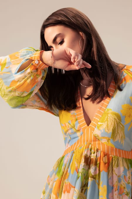 Buy_Reena Sharma_Blue Georgette V-neck Iris Botanical Print Short Dress _Online_at_Aza_Fashions