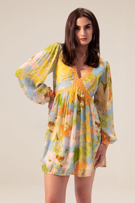 Shop_Reena Sharma_Blue Georgette V-neck Iris Botanical Print Short Dress _Online_at_Aza_Fashions