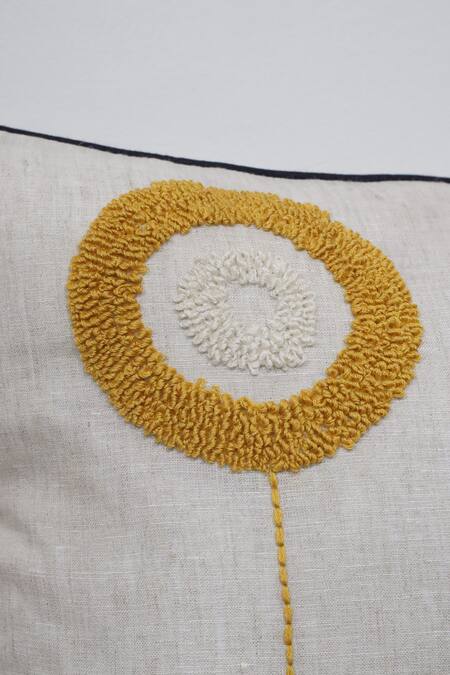 Linen Bloom_Beige 100% Pure Linen Thread Tufted Embroidered Cushion_Online_at_Aza_Fashions