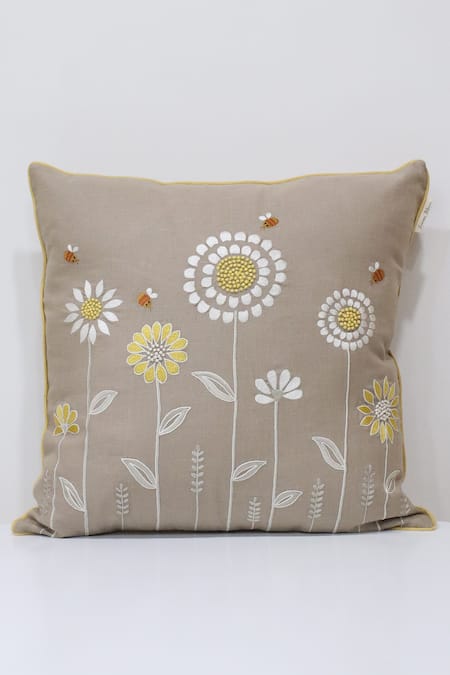 Linen Bloom Floral Thread Embroidered Linen Cushion 