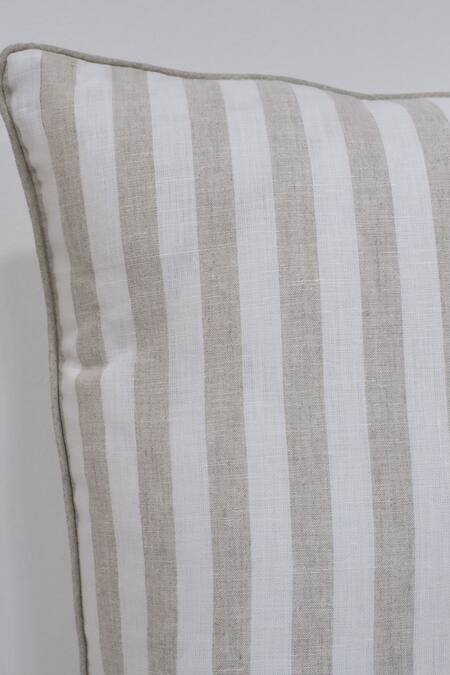 Linen Bloom_Beige 100% Pure Linen Stripe Pattern Cushion_Online_at_Aza_Fashions