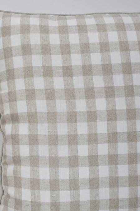 Linen Bloom_Beige 100% Pure Linen Checkered Pattern Cushion_Online_at_Aza_Fashions