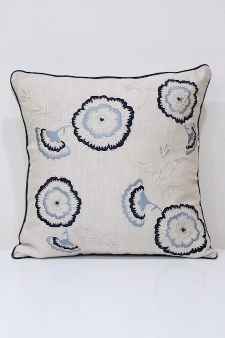 Linen Bloom Flower Thread Embroidered Linen Cushion 