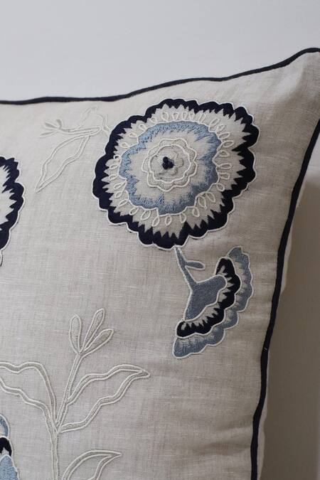 Linen Bloom_Beige 100% Pure Linen Thread Embroidered Flower Cushion_Online_at_Aza_Fashions