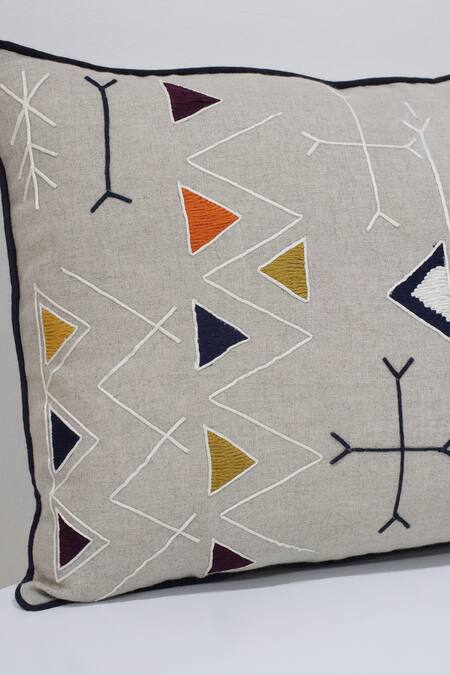 Linen Bloom_Beige 100% Pure Linen Cord And Thread Embroidered Tribal Cushion_Online_at_Aza_Fashions