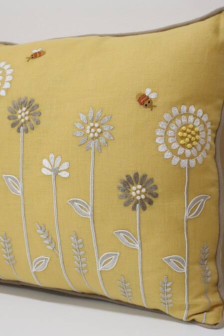 Linen Bloom_Yellow 100% Pure Linen Cord And Thread Embroidered Bloom Cushion_Online_at_Aza_Fashions