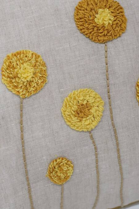 Linen Bloom_Beige 100% Pure Linen Thread Tufted Embroidered Marigold Cushion_Online_at_Aza_Fashions