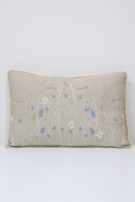 Linen Bloom Wild Flower Embroidered Linen Cushion 