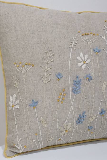 Linen Bloom_Beige 100% Pure Linen Thread Embroidered Wild Flower Cushion_Online_at_Aza_Fashions