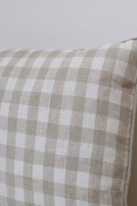 Linen Bloom_Beige 100% Pure Linen Checkered Pattern Cushion_Online_at_Aza_Fashions