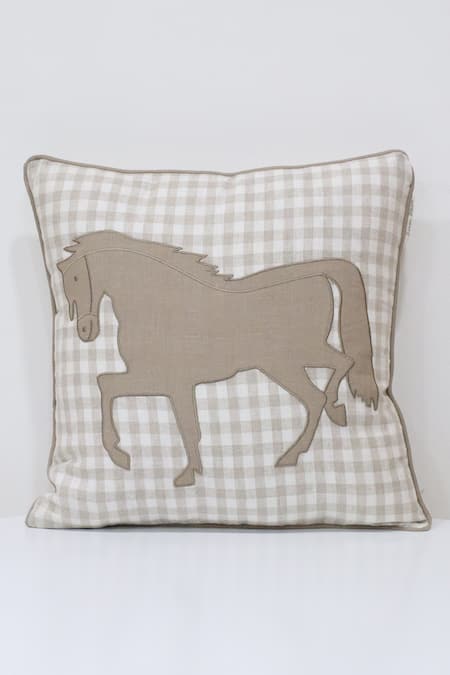 Linen Bloom Horse Applique Thread Embroidered Cushion 