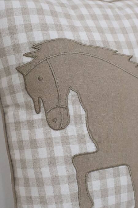 Linen Bloom_Beige 100% Pure Linen Horse Applique Thread Embroidered And Checkered Cushion_Online_at_Aza_Fashions