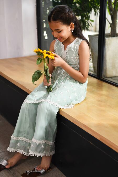 Mulmul_Green Tencel Luxe Embroidered Floral Destiny Kurta With Sharara _Online_at_Aza_Fashions