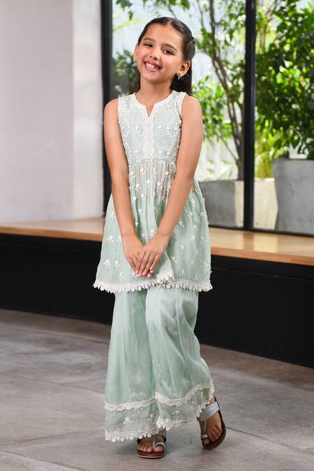 Buy_Mulmul_Green Tencel Luxe Embroidered Floral Destiny Kurta With Sharara _Online_at_Aza_Fashions