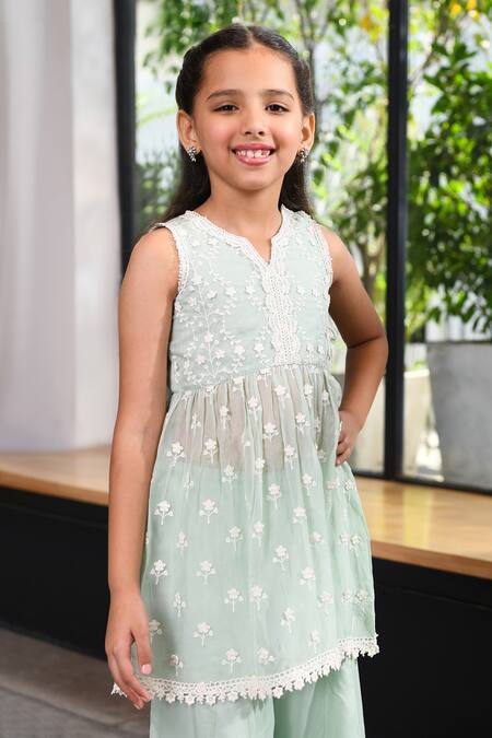 Shop_Mulmul_Green Tencel Luxe Embroidered Floral Destiny Kurta With Sharara _Online_at_Aza_Fashions