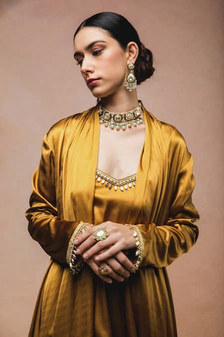 Ohaila Khan Brown Satin, Velvet Tassels, Beads, Mirrors Honey Waterfall Jacket And Pant Set Online at Aza Fashions Ohaila Khan_Brown Satin, Velvet Tassels, Beads, Mirrors Honey Waterfall Jacket And Pant Set _Online_at_Aza_Fashions