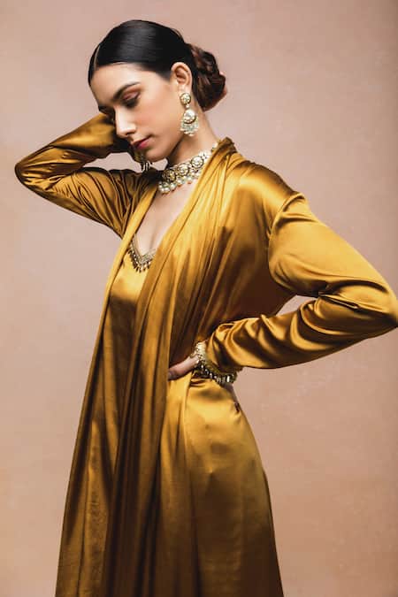 Buy Ohaila Khan Brown Satin, Velvet Tassels, Beads, Mirrors Honey Waterfall Jacket And Pant Set Online at Aza Fashions Buy_Ohaila Khan_Brown Satin, Velvet Tassels, Beads, Mirrors Honey Waterfall Jacket And Pant Set _Online_at_Aza_Fashions