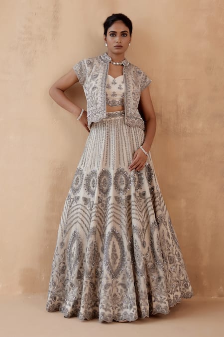 Aman Takyar Grey Pure Organza Embroidery Sequin Jacket Mandarin Collar Thread Lehenga Set 